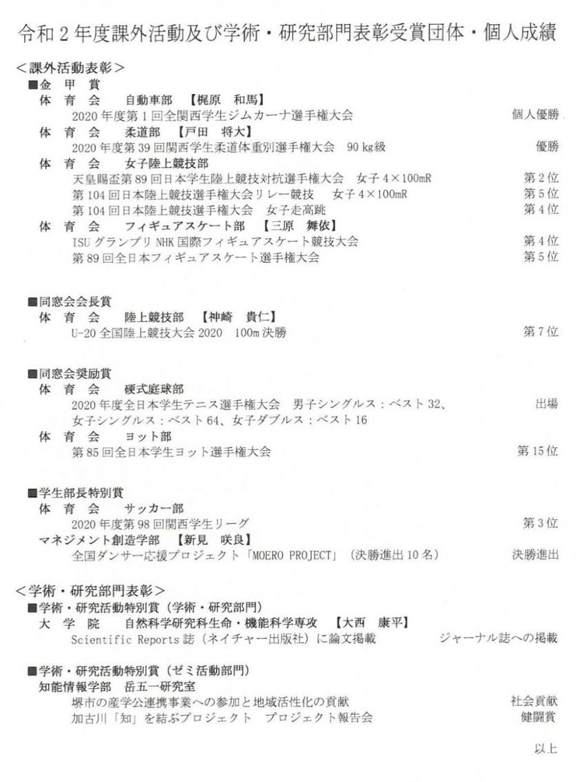 令和2年度「甲南大学課外活動及び学術・研究部門表彰式」開催報告